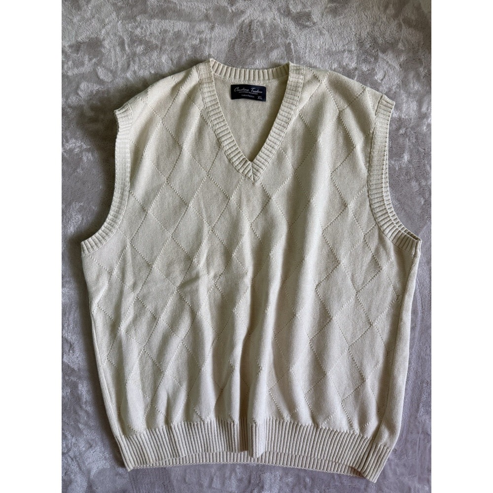 Vintage Sweater Vest Men XL Cream V Neck Carolina Traders Preppy Grandpa